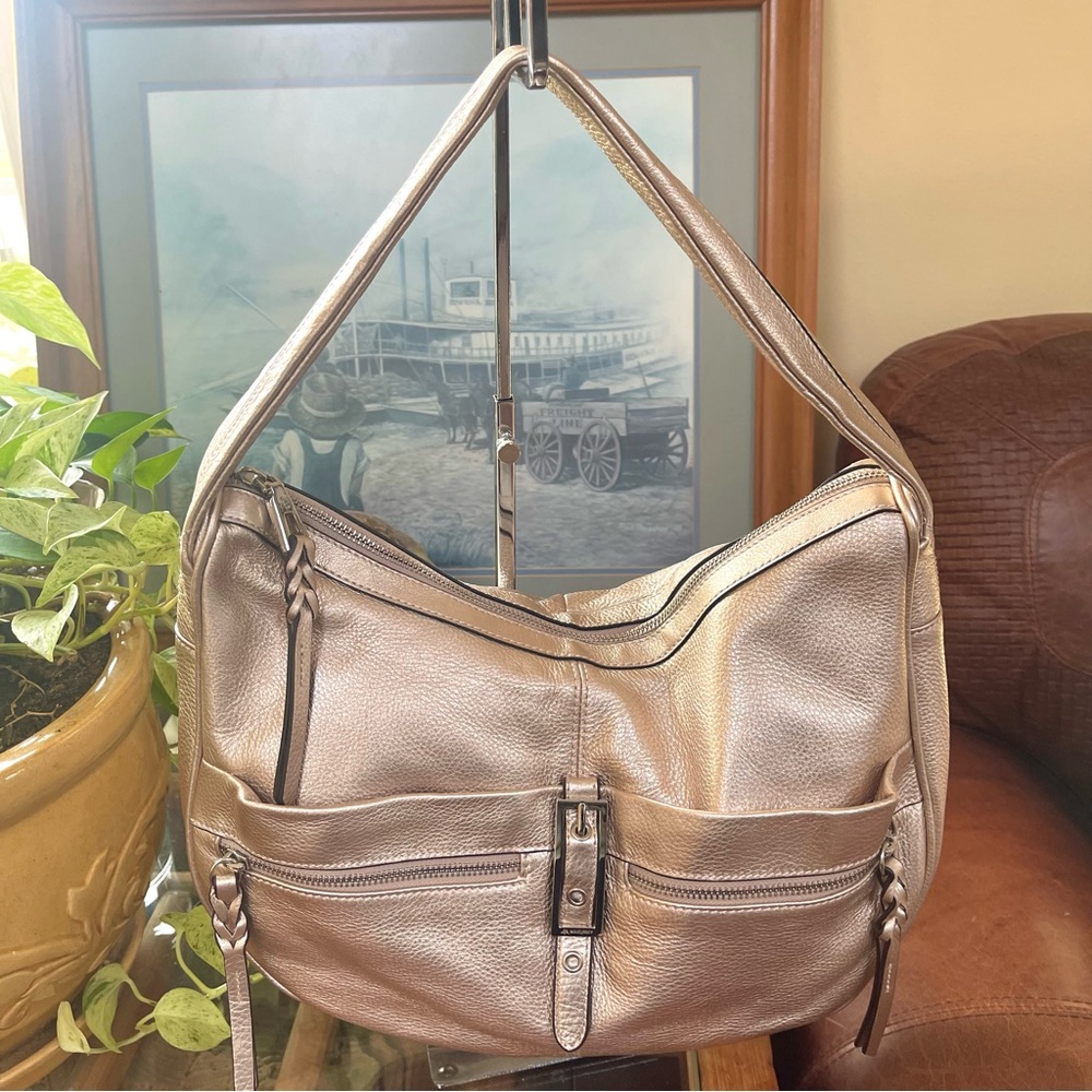 B.Makowsky Genuine Leather Hobo Style Shoulder Bag In Champagne Color - Picture 7 of 11